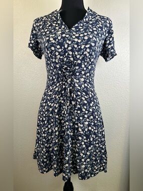 #149- Xhilaration Navy White Flowers Lace -Up Mini Dress